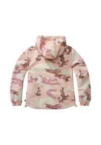 Rosa kamouflagejacka med huva, tillverkad av slät tyg. Har elastiska muddar, dragsko i fållen och en avslappnad passform.