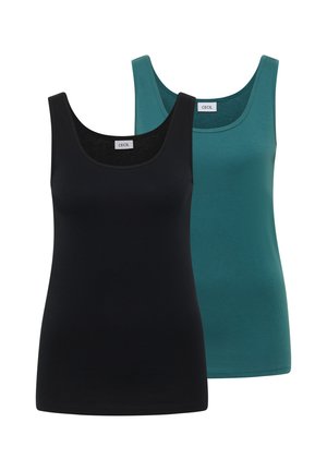 Deux débardeurs sans manches pour femmes, un noir à l'avant et un bleu sarcelle à l'arrière, tous deux avec des encolures rondes et des étiquettes de la marque CECIL.