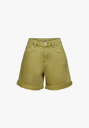 Khaki farkkushortsit käärityllä helmalla, joissa on etuneppari, vyölenkit ja kaksi sivutaskua. Suora pinta, rento muotoilu.