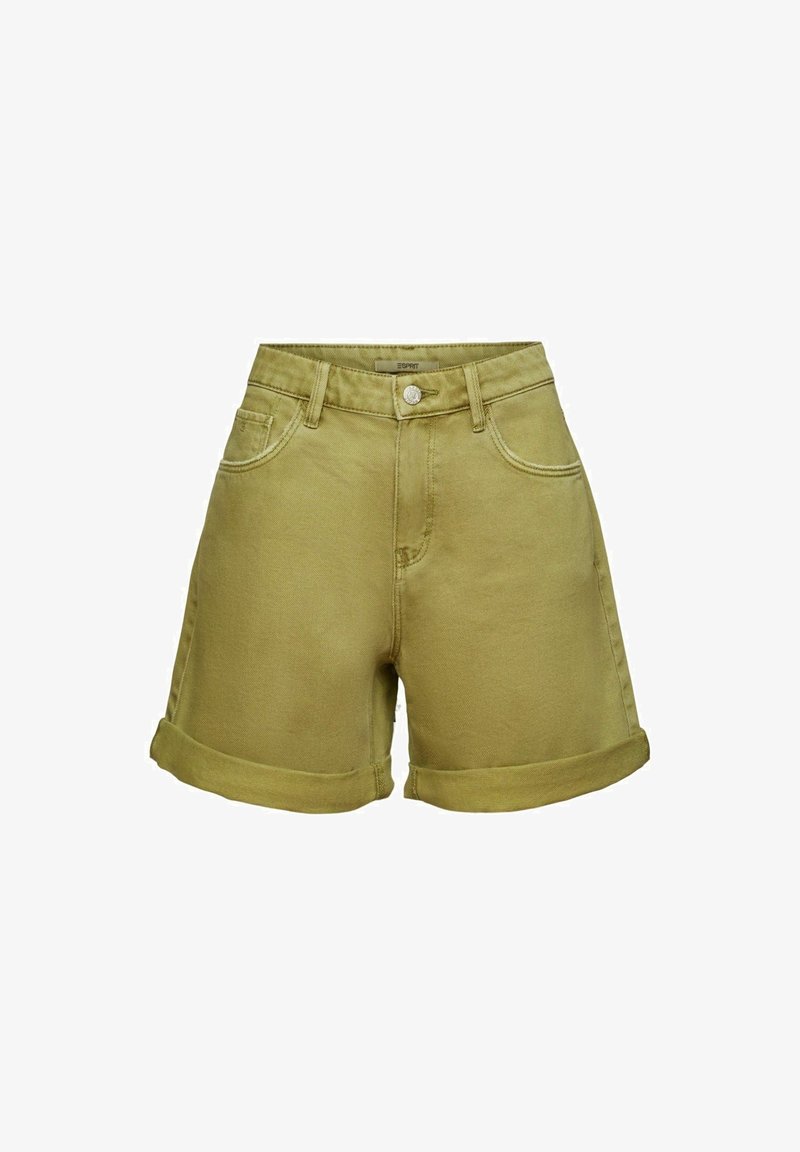 Pantalones cortos de mezclilla caqui con dobladillo enrollado, con cierre frontal de botón, presillas para cinturón y dos bolsillos laterales. Textura suave, diseño casual.