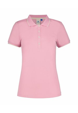 Pinkes Polohemd aus Baumwollmischung mit klassischem Kragen, kurzen Ärmeln, einer fünfknöpfigen Knopfleiste und kontrastierendem Besatz am Kragen und an den Ärmeln.