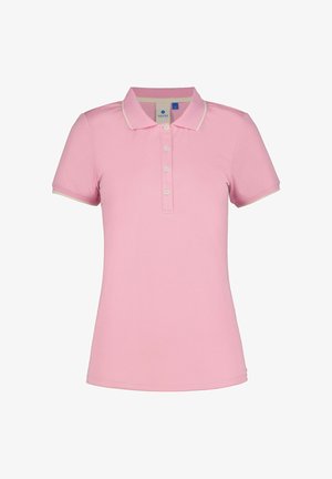 Pinkes Polohemd aus Baumwollmischung mit klassischem Kragen, kurzen Ärmeln, einer fünfknöpfigen Knopfleiste und kontrastierendem Besatz am Kragen und an den Ärmeln.