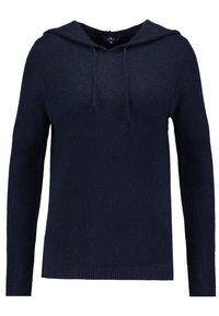 Marinblå luvtröja med långa ärmar, mjuk textur, ribbad nederkant och snörning vid halslinningen. Enkel design, minimal detaljering.