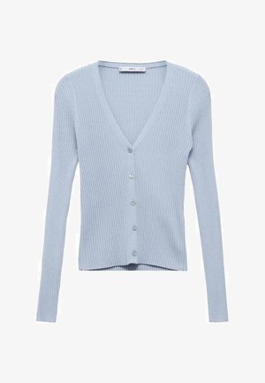 Světle modrý žebrovaný cardigan s výstřihem do V, dlouhými rukávy a šesti knoflíky vpředu. Má zkrácený lem a jemnou texturu.