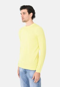 Maglione giallo a maniche lunghe con collo a giro. Realizzato in tessuto leggero, presenta una forma aderente e polsini a coste. Indossato con jeans azzurri chiari.