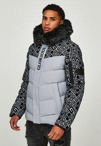 Giacca imbottita con corpo grigio, maniche nere a motivo e colletto in pelliccia sintetica. Presenta dettagli del logo sulla parte anteriore e accenti sulle maniche.