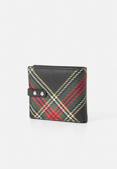 Black wallet featuring a tartan pattern in red, green, and yellow. Includes a button closure with silver hardware for secure fastening.