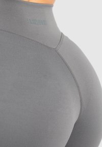 Grijze high-waisted leggings met een gladde, rekbare textuur en platte naden. Merklogo "SMILODOX" in reliëf gedrukt op de tailleband.