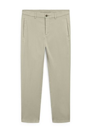 Beige bomulds-chinos med lige ben, forlommer og knaplukning. Har en glat tekstur og rene linjer.