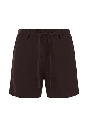 Tumši brūnas ikdienas šorti ar auduma jostu, jostas cilpām un sānu kabatām, attēloti uz balta fona.