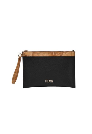 Borsa clutch da polso nera e marrone con cerniera color oro e logo "1ª CLASSE" sul davanti.