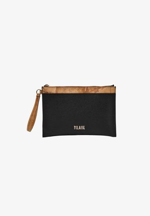 Zwart-bruine polstasje clutch met goudkleurige ritssluiting en "1ª CLASSE" logo aan de voorkant.