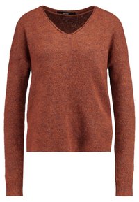Pull à col en V couleur orange rouille, confectionné dans un tissu doux et texturé. Comprend des manches longues et une coupe décontractée avec une longueur légèrement raccourcie.