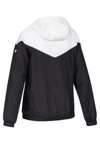 Schwarze und weiße wasserdichte Jacke mit Kapuze, die ein farblich abgestimmtes Design aufweist, elastische Bündchen und einen geraden Schnitt hat. Auffälliges Logo-Detail am Ärmel.