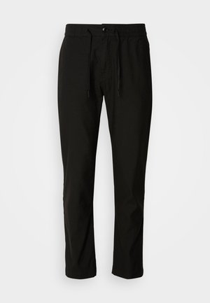 Black, lightweight, elastic waistband pants with a drawstring, featuring a relaxed fit and no visible patterns or accents. Smooth texture.