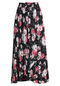 Mustakukkainen hame, jossa on kerätty joustovyötärö. Sisältää sekoituksen vaaleanpunaisia, valkoisia ja vihreitä kukkia. Pehmeä, kevyt kangas, jossa on virtaava muotoilu.