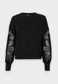 Svart langermet sweatshirt med hvit abstrakt linje kunst broderi på begge ermer og ribbede mansjetter og kant.