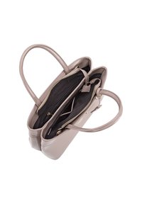 Borsa a mano in pelle di un beige chiaro con due scomparti, chiusure a zip e due manici. L'interno presenta una fodera nera con un ulteriore tasca.