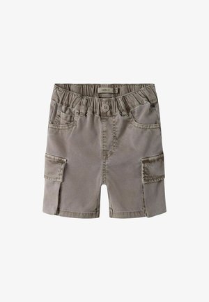 Beige toddler cargo shorts with elastic waistband, front button, belt loops, front pockets, and large side flap pockets.