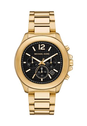 Orologio Michael Kors dorato con quadrante nero goffrato, tre sub-quadranti, indici delle ore dorati e finestra del datario alle 4.