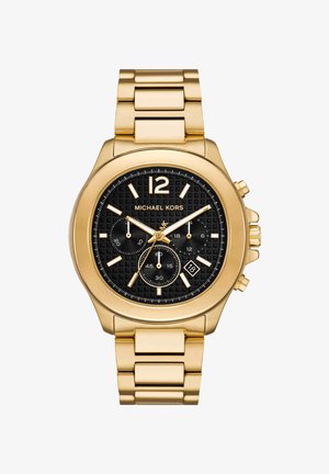 Goldene Michael Kors Uhr mit schwarzem strukturiertem Zifferblatt, drei Hilfszifferblättern, goldenen Stundenmarkierungen und einem Datumsfenster bei 4 Uhr.