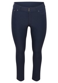 Dunkelblaue Stretch-Jeans mit einer figurschmeichelnden Passform, zwei vorderen Taschen, einem Reißverschluss und einem Doppelknopfverschluss. Glatte Textur mit minimalen Details.