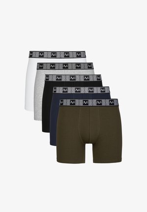 Vijf paar boxers in wit, grijs, zwart, marineblauw en olijfgroen met een zwarte tailleband met patroon en witte accenten.