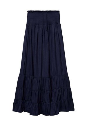 Navy blue tiered maxi skirt with a smocked waistband and drawstring. Made from a lightweight fabric, showcasing flowing layers and soft texture.
