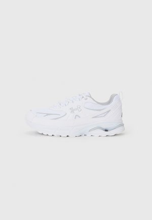 White athletic shoe featuring a mesh upper, padded collar, and a textured sole with subtle gray accents and streamlined design elements.