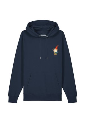 Sweat à capuche bleu marine avec poche avant et cordons, avec un petit gnome coloré tenant une pioche sur la partie gauche de la poitrine.