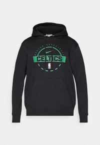 Čierna mikina s kapucňou z bavlnenej zmesi, so zelenou grafikou 'CELTICS', logom NBA, klokankovou vreckom a nastaviteľnou šnúrkou na kapucni.
