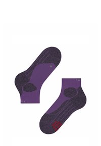 Lila Knöchelsocken mit einer strukturierten Musterung. Versehen mit einer verstärkten Ferse und Spitze sowie rotem Text auf der Sohle, der den Markennamen und die Größe angibt.