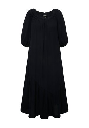 Vestido negro, hasta las rodillas, con un escote fruncido, mangas abullonadas y un dobladillo en capas. Hecho de una tela ligera con una textura suave.