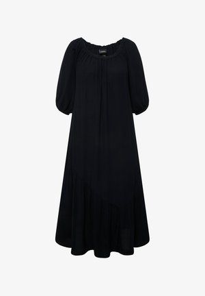 Zwarte jurk tot de knie met een geraffineerde halslijn, pofmouwen en een gelaagd zoom. Gemaakt van lichte stof met een gladde textuur.