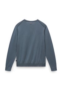 Blauwe katoenen sweatshirt met lange mouwen, geribbelde boorden en onderrand, voorzien van een ronde halslijn en een label aan de onderzijde.