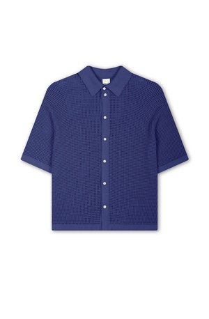 Short-sleeve, collared shirt in deep navy blue, featuring a textured woven pattern and button front with circular, silver-tone buttons.