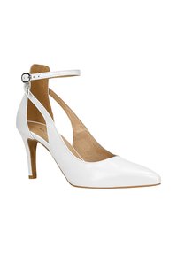 Scarpe con tacco alto in pelle bianca, con punta affusolata, cinturino alla caviglia e design con ritagli. Presentano un tacco sottile e una superficie liscia.