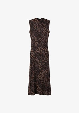 Sleeveless, ankle-length dress with brown and black leopard print, fitted at the waist, and round neckline.