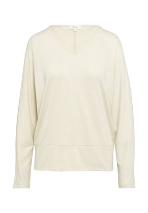 Helles beige Langarmshirt mit V-Ausschnitt, lockerer Passform und abgerundetem Saum; aus einem weichen Stoff mit minimalen Nähten auf der Vorderseite.