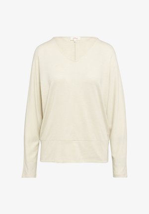 Helles beige Langarmshirt mit V-Ausschnitt, lockerer Passform und abgerundetem Saum; aus einem weichen Stoff mit minimalen Nähten auf der Vorderseite.