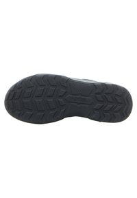 Black rubber shoe sole with a multi-directional tread pattern, featuring textured sections and angular grooves for improved traction.