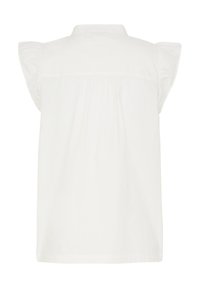 Blouse blanche sans manches avec des manches ballon froncées et un col montant, vue de dos.