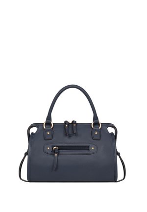 Sac à main en cuir bleu foncé avec deux poignées, une poche zippée à l'avant et des accents métalliques dorés sur fond blanc.