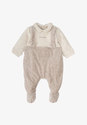 Bretelles en coton beige pour bébé avec un dessus matelassé, texture douce, bretelles réglables et design avec pieds. Présente un col rond et des détails brodés.