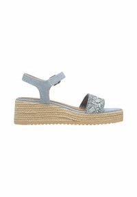 Blue fabric wedge sandal with an ankle strap, featuring embroidered floral detail on the front and a textured jute platform sole.