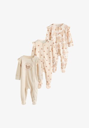 Tre babydragter: en beige med et bjørne grafik, en lyserød gingham med bjørne detaljer, og en mønstret med blomster og bjørne. Flæser på ærmerne.