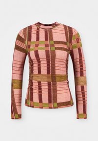 Langärmliges Karo-Oberteil mit pinken, braunen und grünen Farben, strukturiertem Stoff und Raffung an der Taille und den Ärmeln.