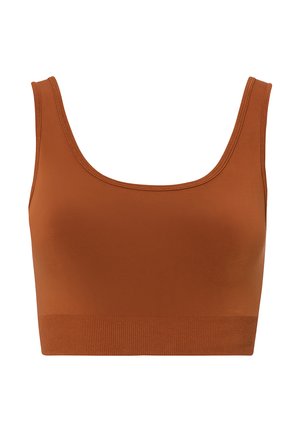 Brun crop top med rund udskæring, lavet af glat stof, med en bred ribbet nederste kant og ingen synlige sømme.