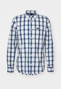 Koszula w kratę z długim rękawem w kolorze niebieskim i białym, wykonana z bawełny, z kołnierzykiem button-down i kieszonką na piersi z naszywką z logo.