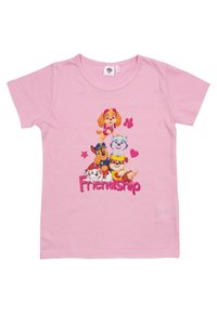 T-shirt rosa chiaro con personaggi di animali dei cartoni animati e la parola "Amicizia" in grassetto rosa. Materiale di cotone morbido, maniche corte.